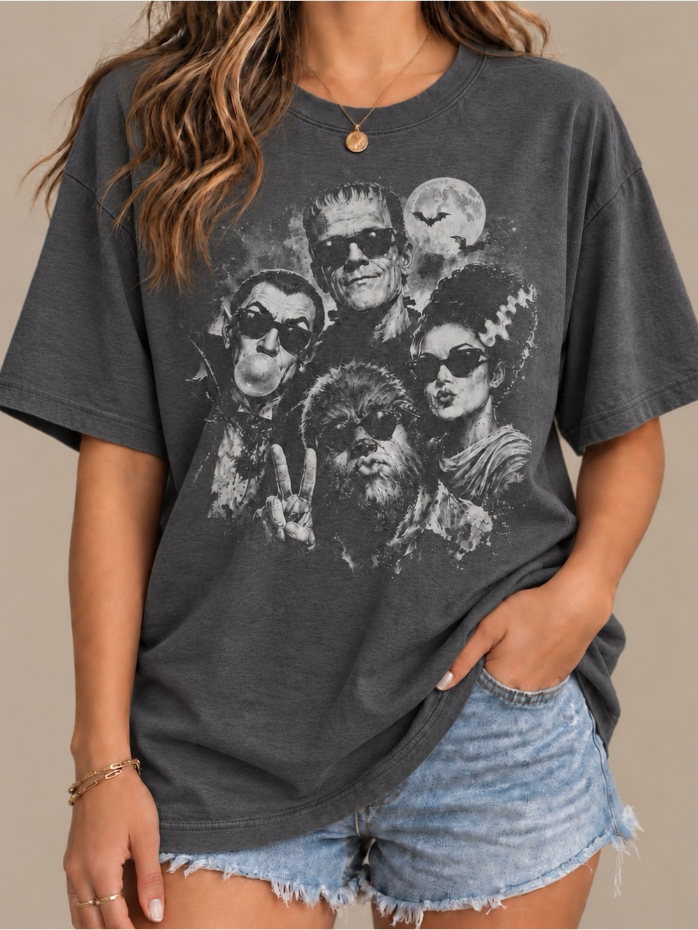 Monsters Sunglasses Bubble Gum Spooky Season Edgy Statement Womens Graphic Tee